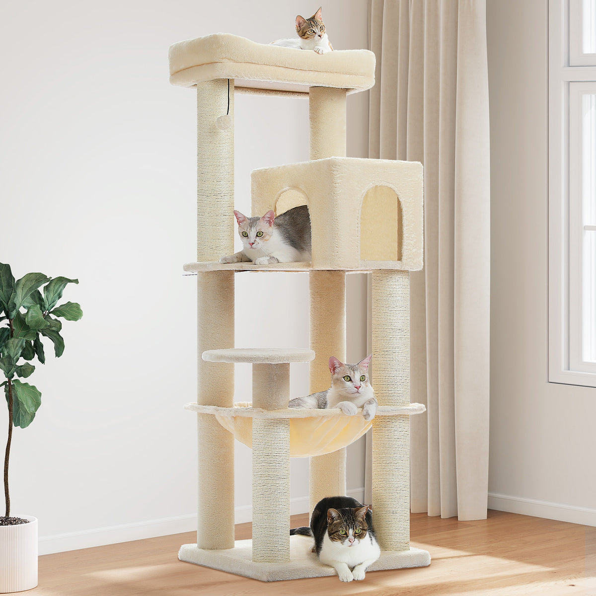 147 cm XL Cat Tree for Large Cats with Sisal Scratching Posts, Cat Condo, Hammock & Top Bed Description