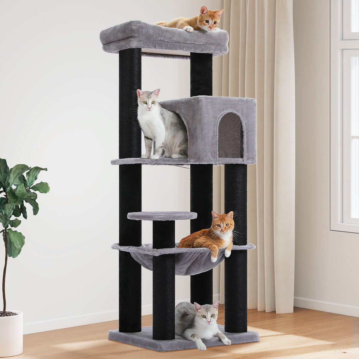 147 cm XL Cat Tree for Large Cats with Sisal Scratching Posts, Cat Condo, Hammock & Top Bed Description