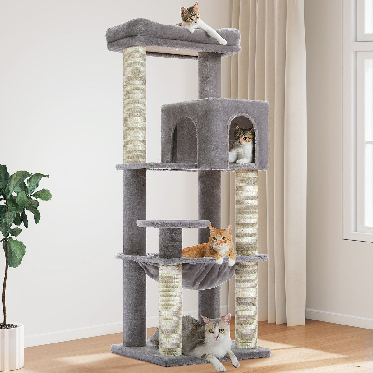 147 cm XL Cat Tree for Large Cats with Sisal Scratching Posts, Cat Condo, Hammock & Top Bed Description