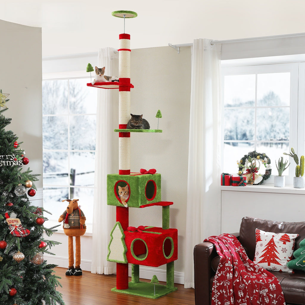 Adjustable Christmas Floor-to-Ceiling Cat Tree with 2 Condos, Sisal Posts & Platforms – 231–274 cm / 90.9–107.8 in