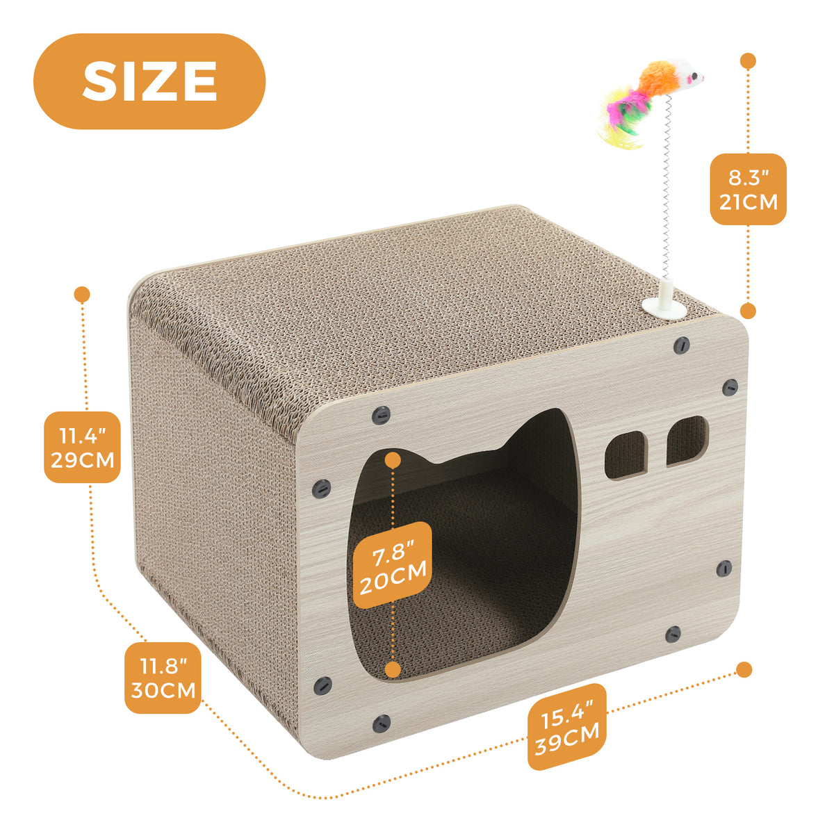 Cat Cardboard Scratcher House with Lounge Top, Spring Mouse Toy & Cat-Shaped Entrance