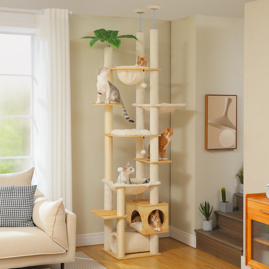 Adjustable Floor-to-Ceiling Cat Tree, 237–256 cm / 93.3–100.8 in, with Acrylic Bowl, Condo & Sisal Posts