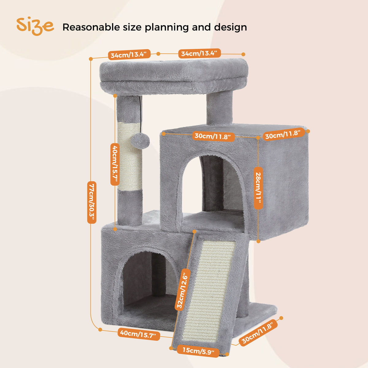 77 cm Grey Cat Tree with 2 Hideaway Condos, Padded Top Bed, Sisal Scratching Post, Climbing Ramp & Anti-Tip Kit