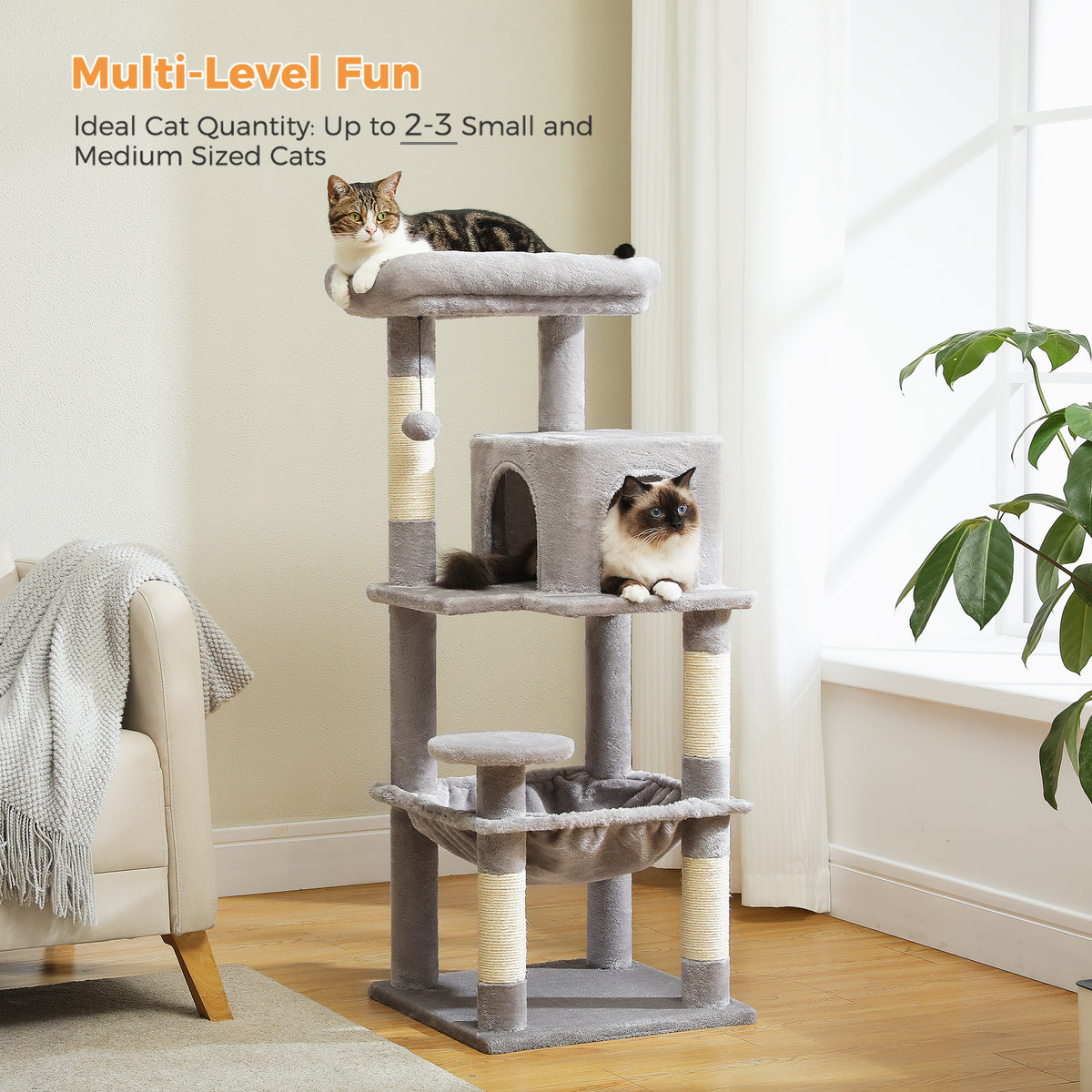 116 cm Multi-Level Cat Tree with Sisal Scratching Posts, Two-Door Cat Cave, Hammock & Washable Top Bed