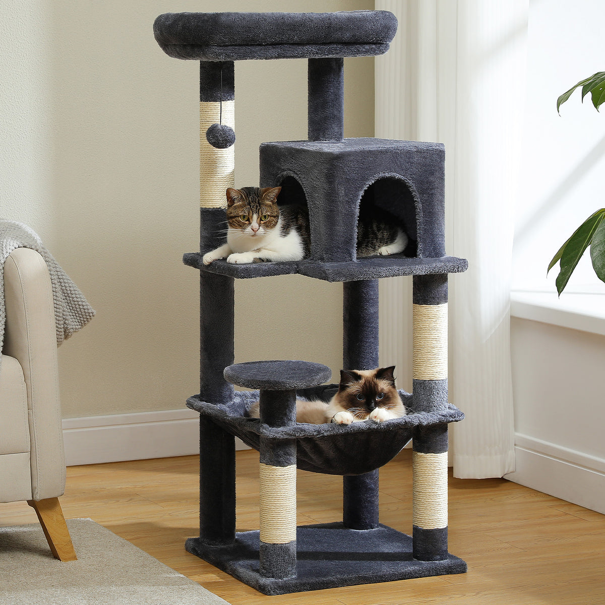 116 cm Multi-Level Cat Tree with Sisal Scratching Posts, Two-Door Cat Cave, Hammock & Washable Top Bed