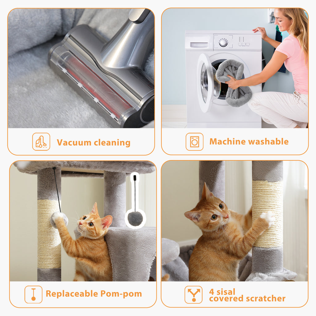 116 cm Multi-Level Cat Tree with Sisal Scratching Posts, Two-Door Cat Cave, Hammock & Washable Top Bed