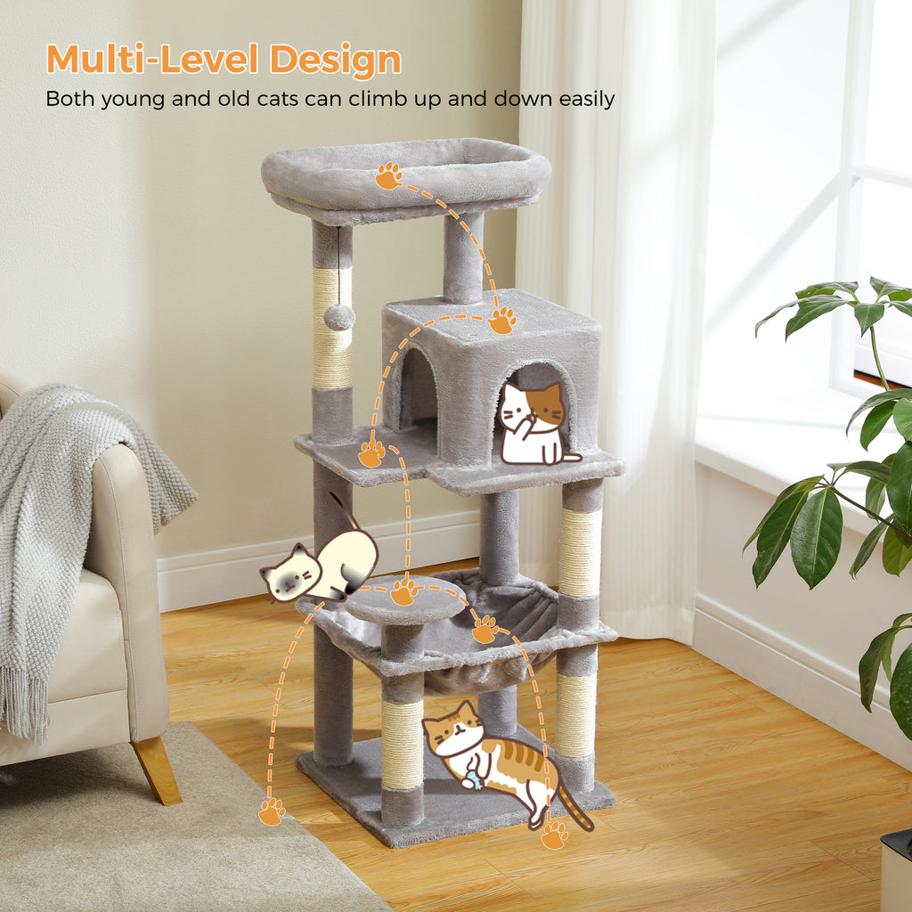 116 cm Multi-Level Cat Tree with Sisal Scratching Posts, Two-Door Cat Cave, Hammock & Washable Top Bed
