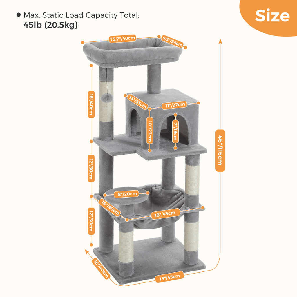 116 cm Multi-Level Cat Tree with Sisal Scratching Posts, Two-Door Cat Cave, Hammock & Washable Top Bed