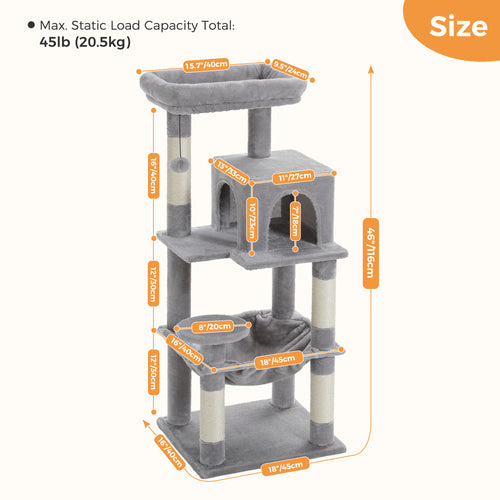 116 cm Multi-Level Cat Tree with Sisal Scratching Posts, Two-Door Cat Cave, Hammock & Washable Top Bed