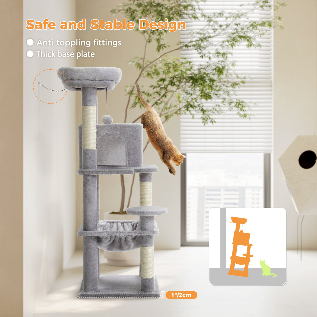116 cm Multi-Level Cat Tree with Sisal Scratching Posts, Two-Door Cat Cave, Hammock & Washable Top Bed