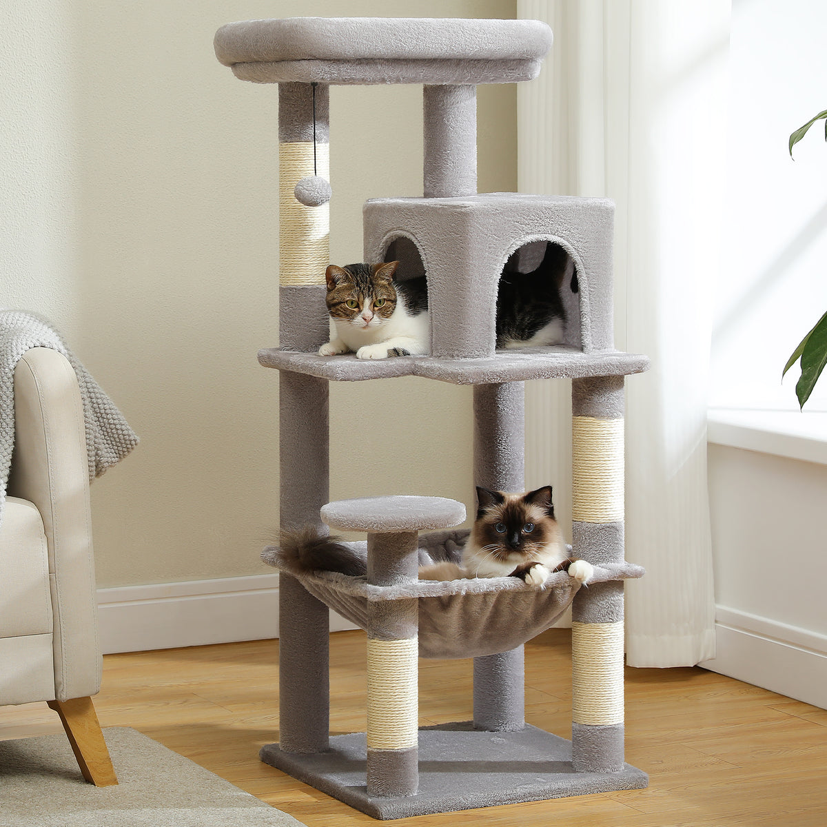 116 cm Multi-Level Cat Tree with Sisal Scratching Posts, Two-Door Cat Cave, Hammock & Washable Top Bed