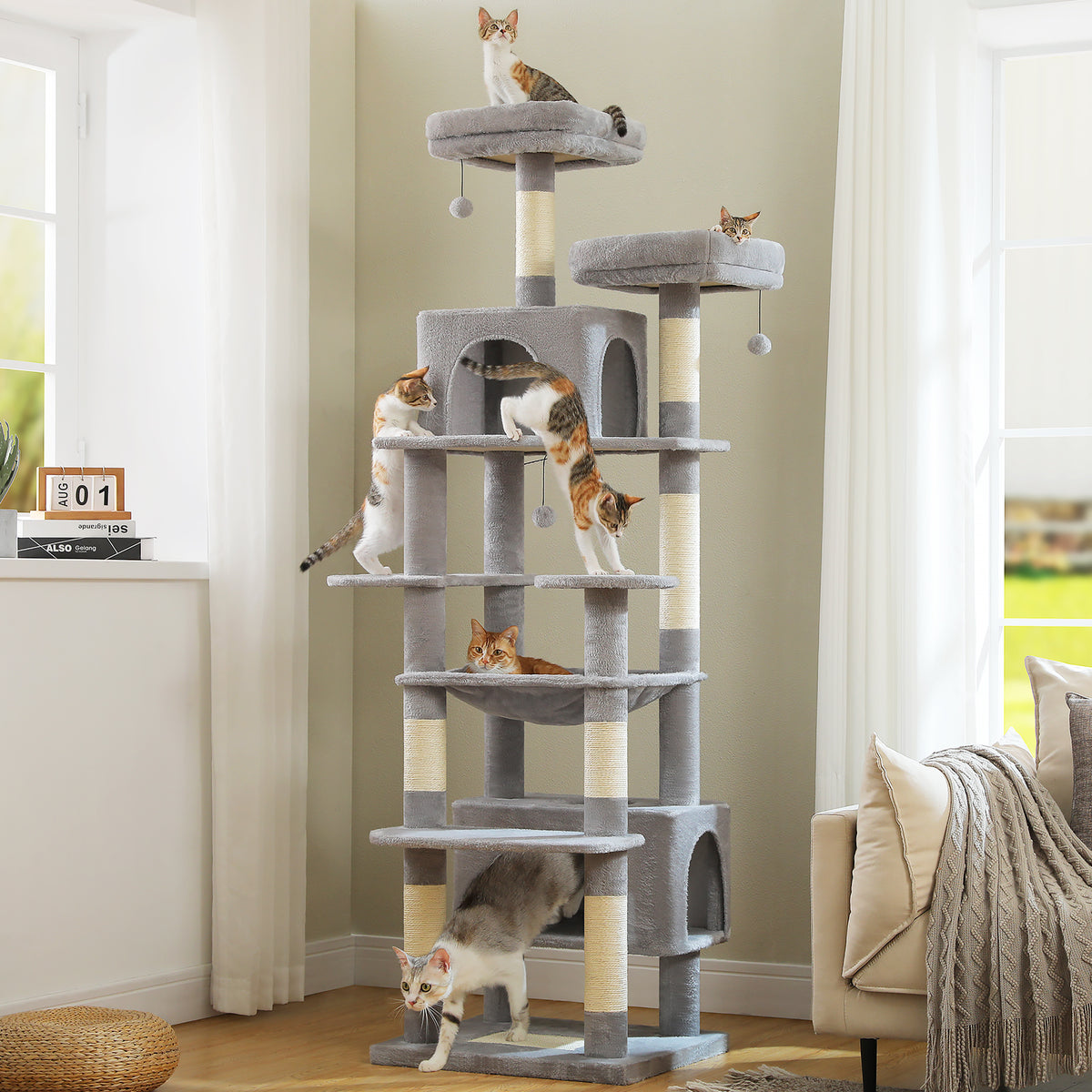 XL 205 cm Multi-Cat Tree with 2 Condos, Steel-Framed Hammock & Sisal Scratch Posts – Green