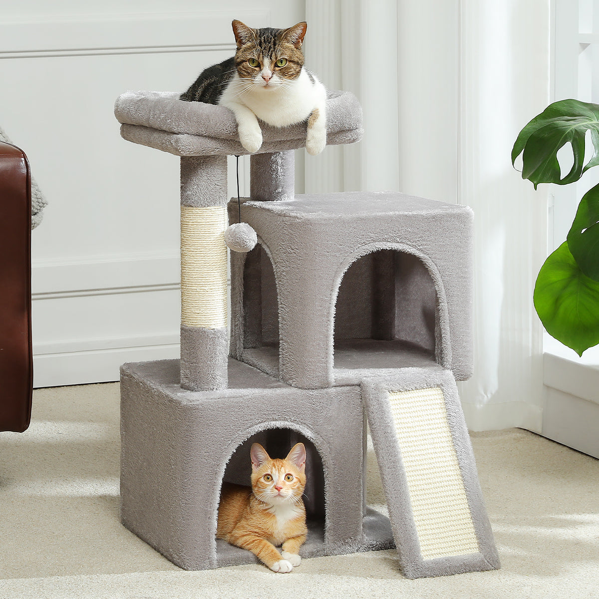 77 cm Grey Cat Tree with 2 Hideaway Condos, Padded Top Bed, Sisal Scratching Post, Climbing Ramp & Anti-Tip Kit
