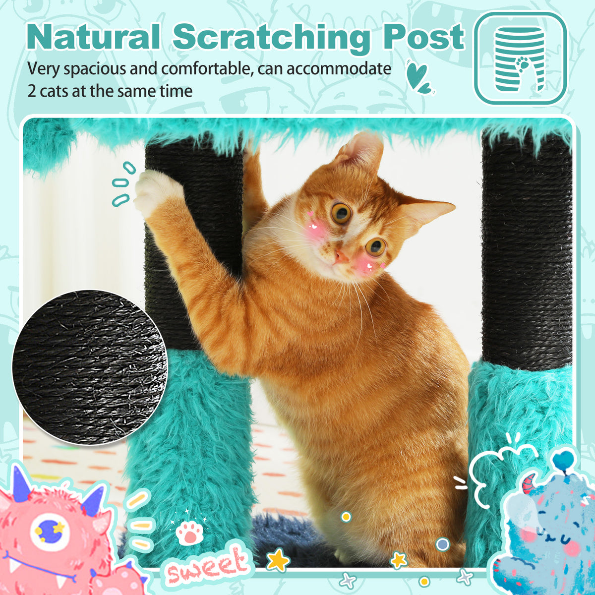 2-in-1 Detachable Monster Cat Tree with Cosy Condo & Sisal Scratching Posts – Teal Blue, 75 cm