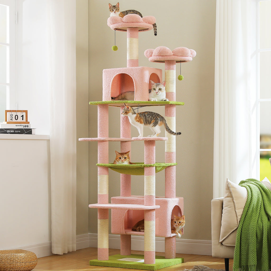 XL 205 cm Multi-Cat Tree with 2 Condos, Steel-Framed Hammock & Sisal Scratch Posts – Green