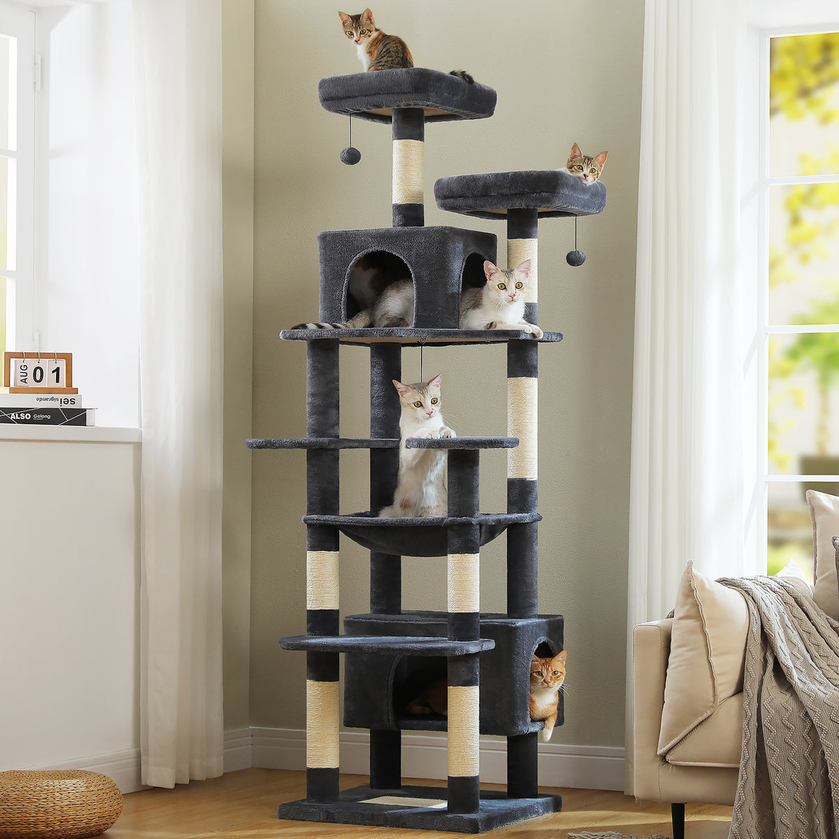 XL 205 cm Multi-Cat Tree with 2 Condos, Steel-Framed Hammock & Sisal Scratch Posts – Green