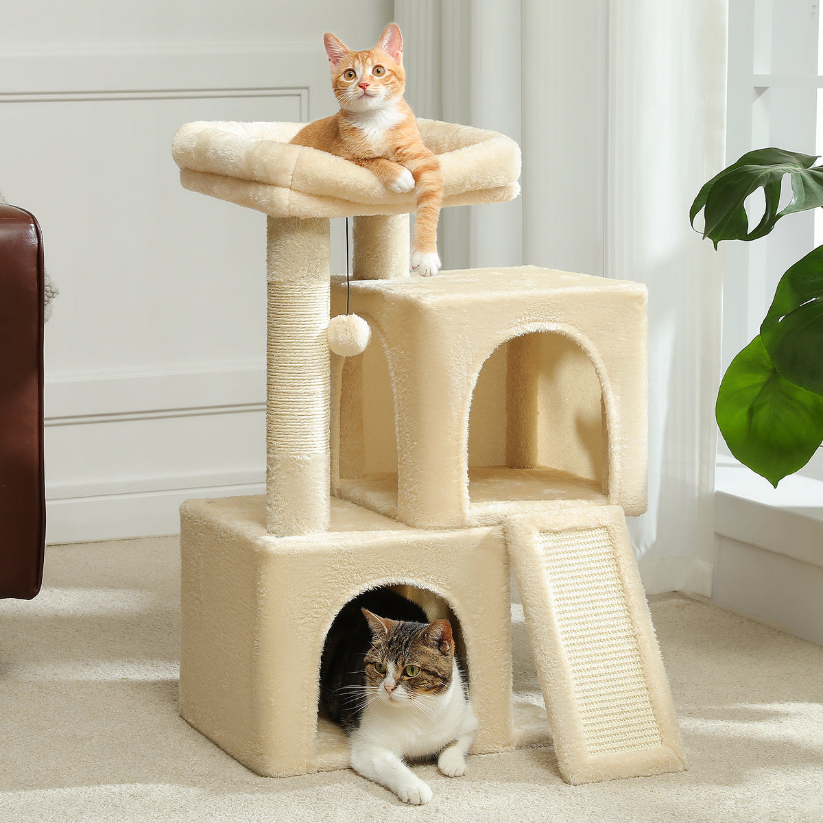 77 cm Grey Cat Tree with 2 Hideaway Condos, Padded Top Bed, Sisal Scratching Post, Climbing Ramp & Anti-Tip Kit