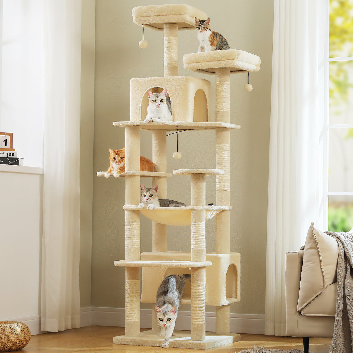 XL 205 cm Multi-Cat Tree with 2 Condos, Steel-Framed Hammock & Sisal Scratch Posts – Green