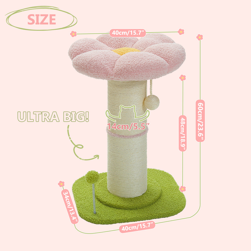 Pink Flower Cat Scratching Post with Detachable Washable Perch, 60 cm Tall Sisal Scratcher & Two Interactive Toys