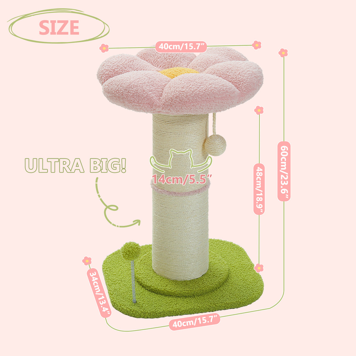 Pink Flower Cat Scratching Post with Detachable Washable Perch, 60 cm Tall Sisal Scratcher & Two Interactive Toys