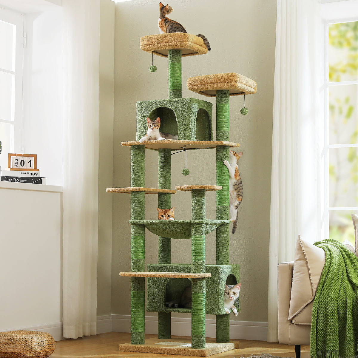 XL 205 cm Multi-Cat Tree with 2 Condos, Steel-Framed Hammock & Sisal Scratch Posts – Green