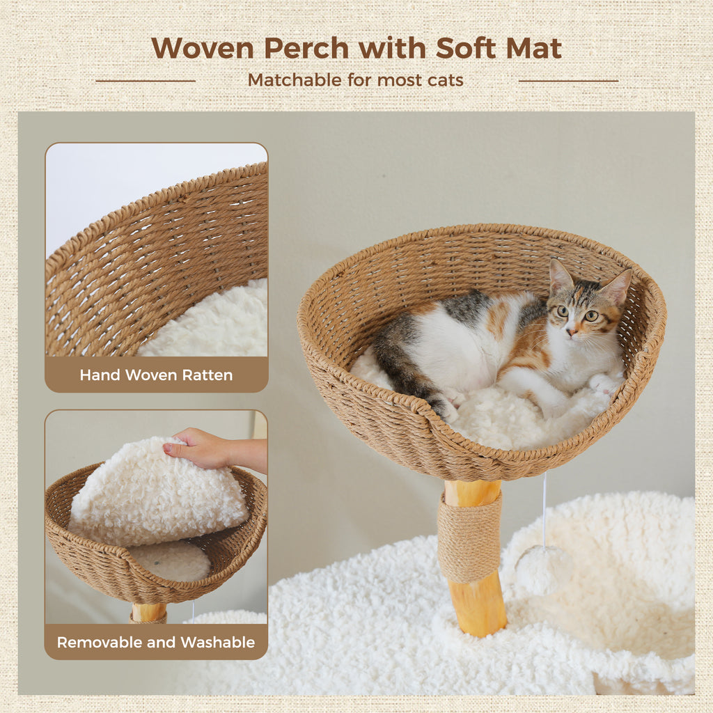 123 cm Natural Wood Cat Tree with Rattan Basket, Flower Perch & Cosy Condo – 48.1 in, Cream