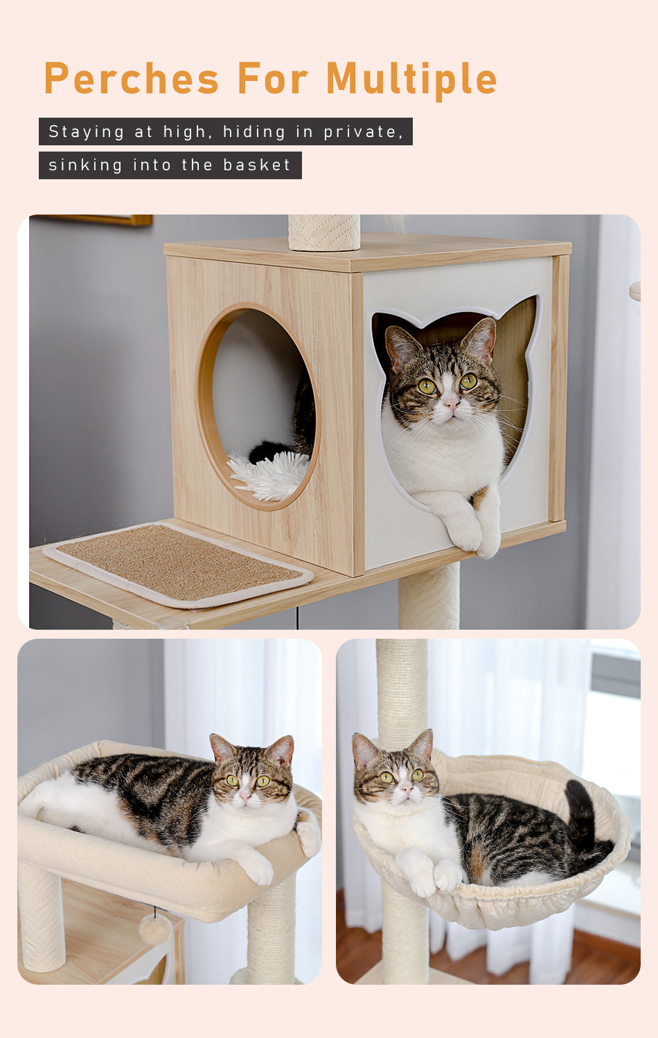 146 cm Cat Tree with Hidden Litter Tray Cabinet, Cat Condo, Hammock & Sisal Scratch Posts