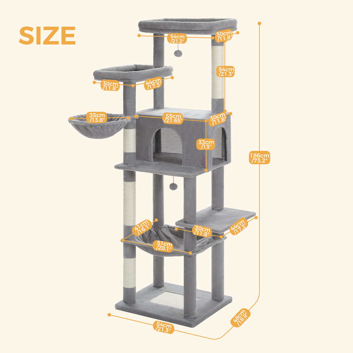 7-Level Cat Tree for Multi-Cat Homes with Condo, Hammock & Twin Perches – 186 cm / 73.2 in, Grey or Cream