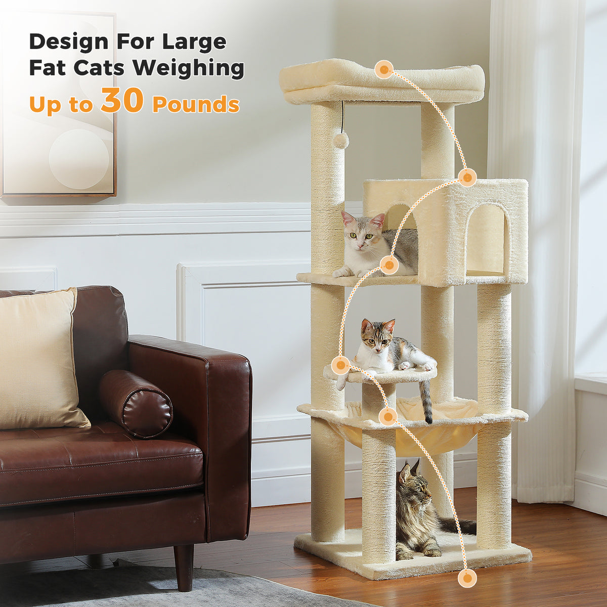 147 cm XL Cat Tree for Large Cats with Sisal Scratching Posts, Cat Condo, Hammock & Top Bed Description