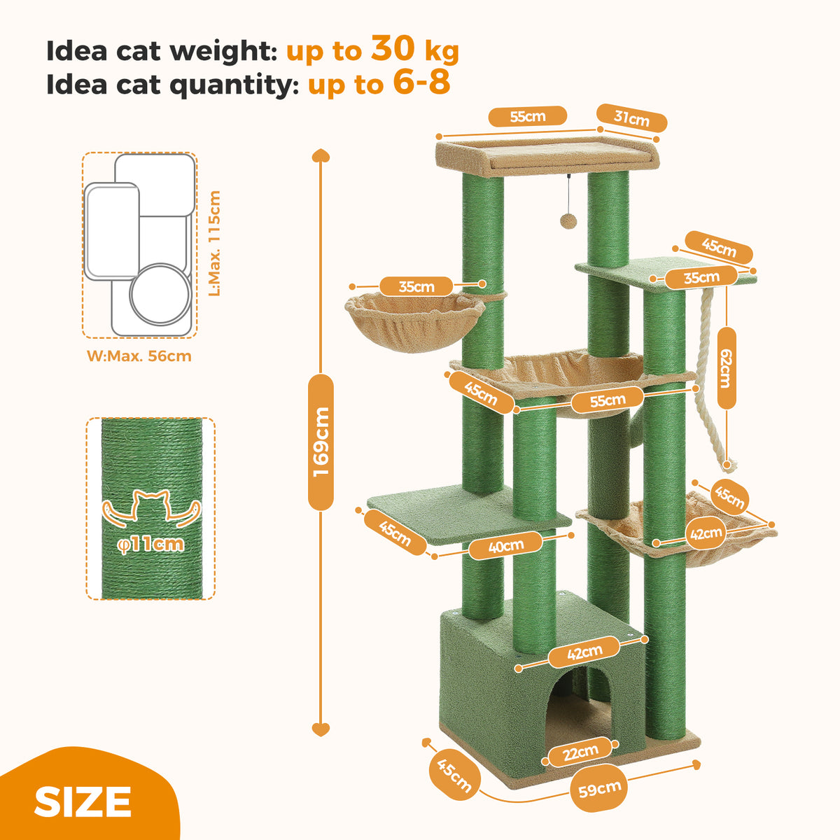 169 cm XXL Multi-Level Cat Tree with 3 Hammocks, Condo, Sisal Scratchers & Top Perch Colour variations