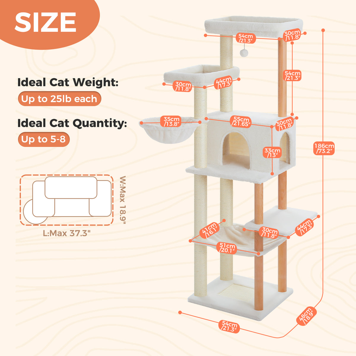 186 cm / 73.2 in Multi-Level Cat Tree with Twin Top Perches, Condo & Hammocks