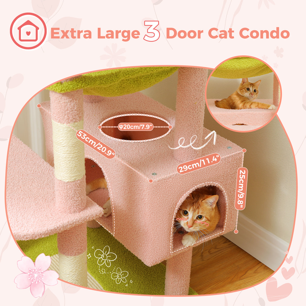 184 cm Floral Cat Tree with 3-Door Condo, XL Hammock, Sisal Scratch Posts & Flower Beds