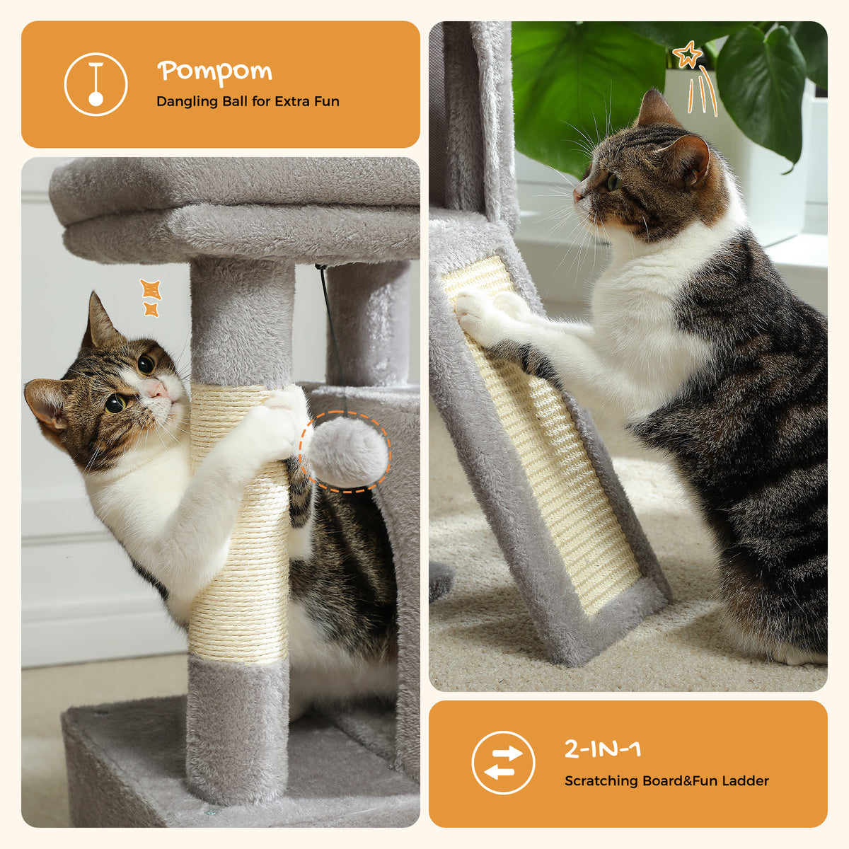 77 cm Grey Cat Tree with 2 Hideaway Condos, Padded Top Bed, Sisal Scratching Post, Climbing Ramp & Anti-Tip Kit