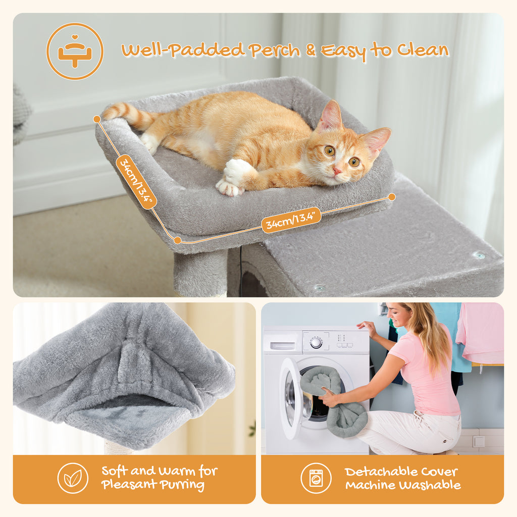 77 cm Grey Cat Tree with 2 Hideaway Condos, Padded Top Bed, Sisal Scratching Post, Climbing Ramp & Anti-Tip Kit