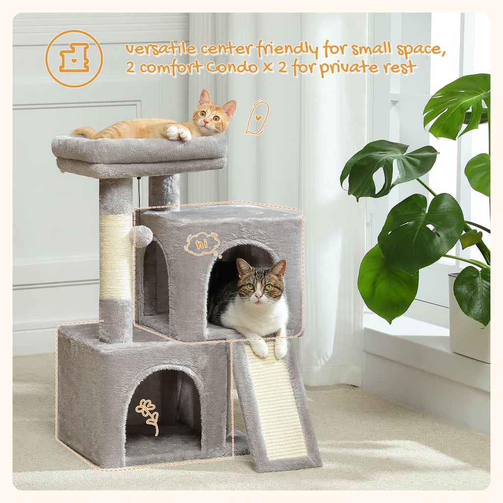 77 cm Grey Cat Tree with 2 Hideaway Condos, Padded Top Bed, Sisal Scratching Post, Climbing Ramp & Anti-Tip Kit