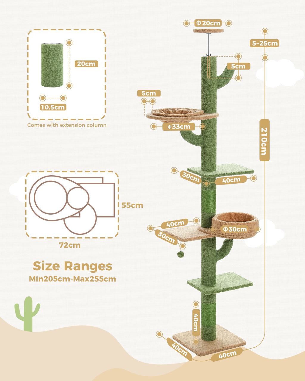 Cactus Floor-to-Ceiling Cat Tree, 205–255 cm Adjustable Cat Tower with Sisal Scratching Post, 2 Beds & Platforms