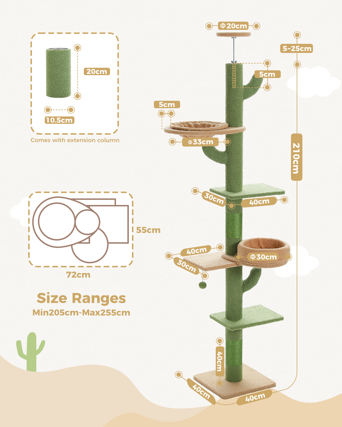 Cactus Floor-to-Ceiling Cat Tree, 205–255 cm Adjustable Cat Tower with Sisal Scratching Post, 2 Beds & Platforms