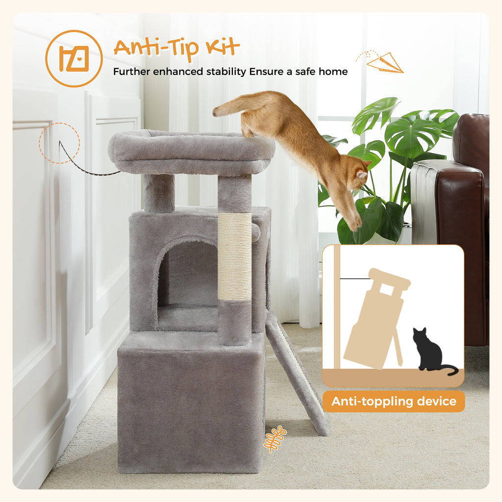 77 cm Grey Cat Tree with 2 Hideaway Condos, Padded Top Bed, Sisal Scratching Post, Climbing Ramp & Anti-Tip Kit