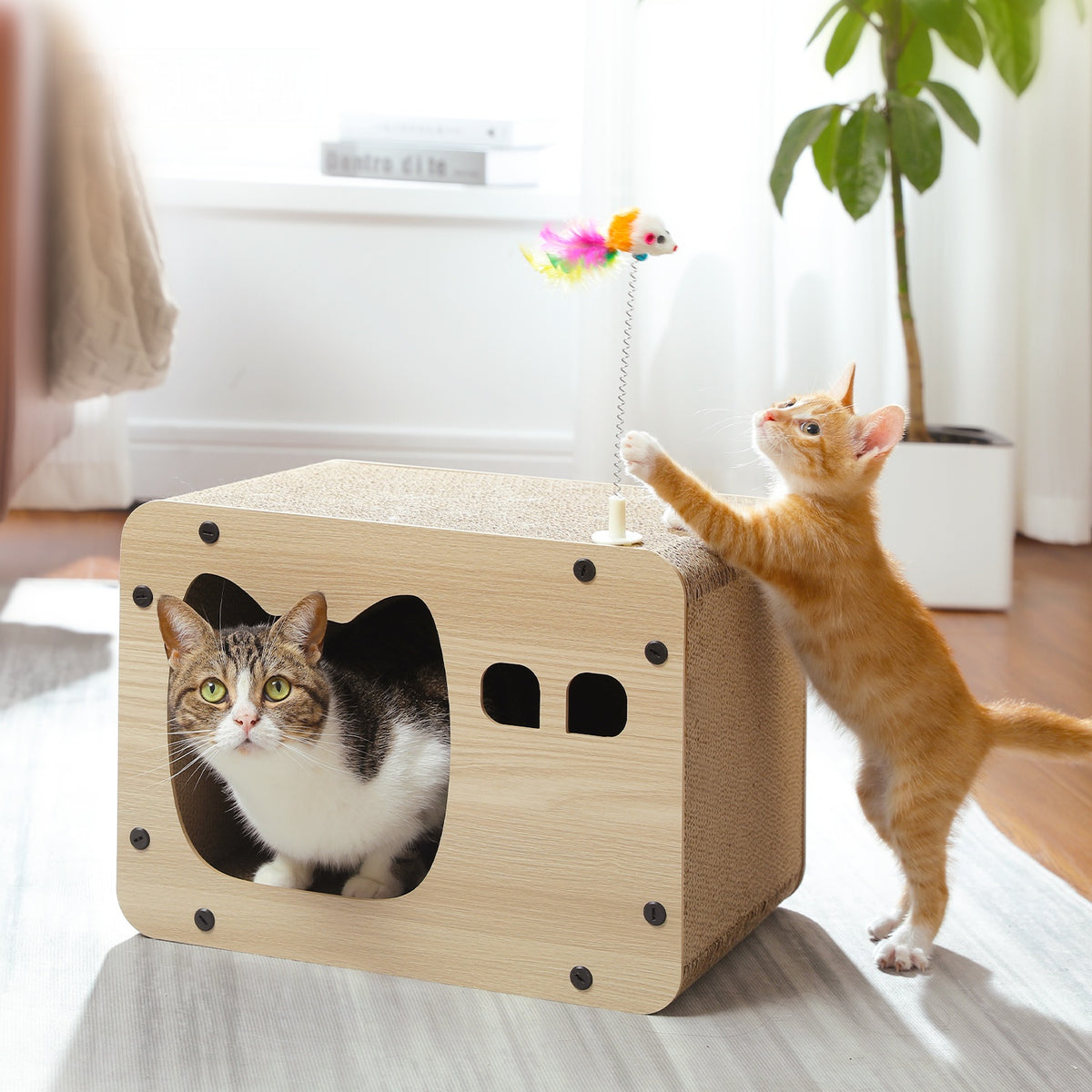 Cat Cardboard Scratcher House with Lounge Top, Spring Mouse Toy & Cat-Shaped Entrance