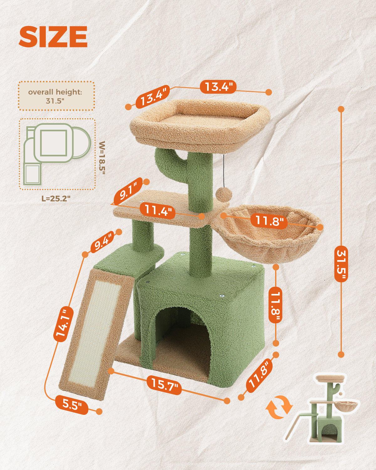 80 cm Green Cat Tree with Cat Condo, Hammock, Padded Top Perch, Sisal Scratching Ramp & Wall Anchor