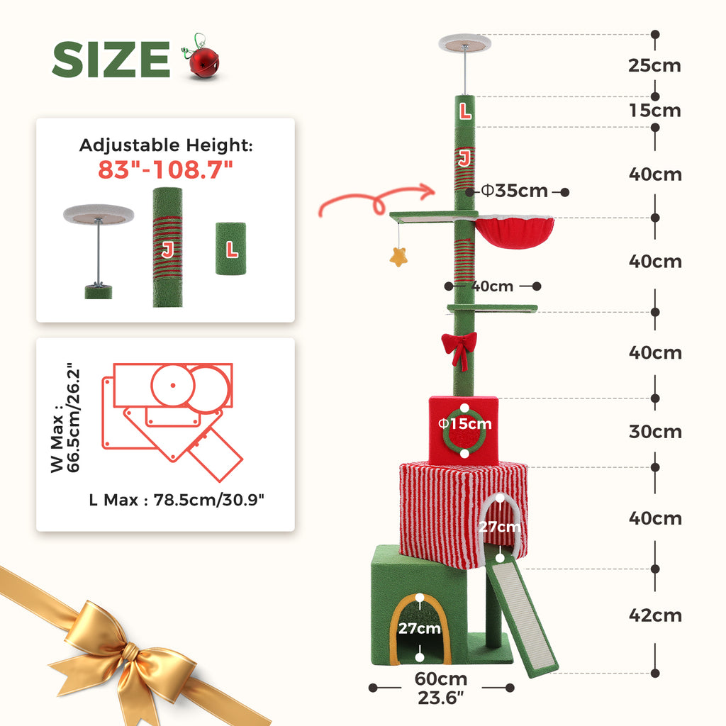 Adjustable Christmas Floor-to-Ceiling Cat Tree with 3 Condos, Hammock & Sisal Scratching Posts – 211–276 cm / 83–108.7 in
