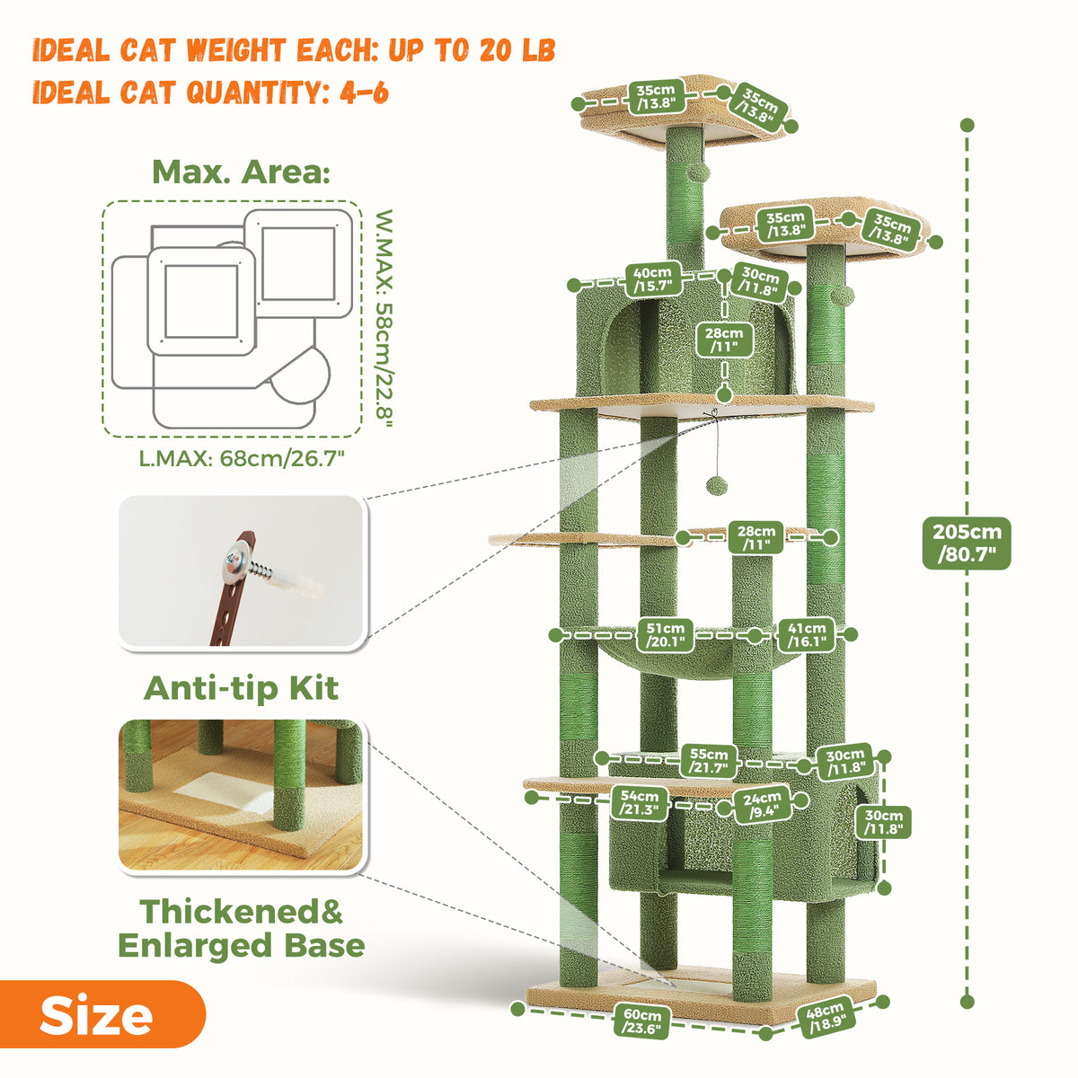 XL 205 cm Multi-Cat Tree with 2 Condos, Steel-Framed Hammock & Sisal Scratch Posts – Green