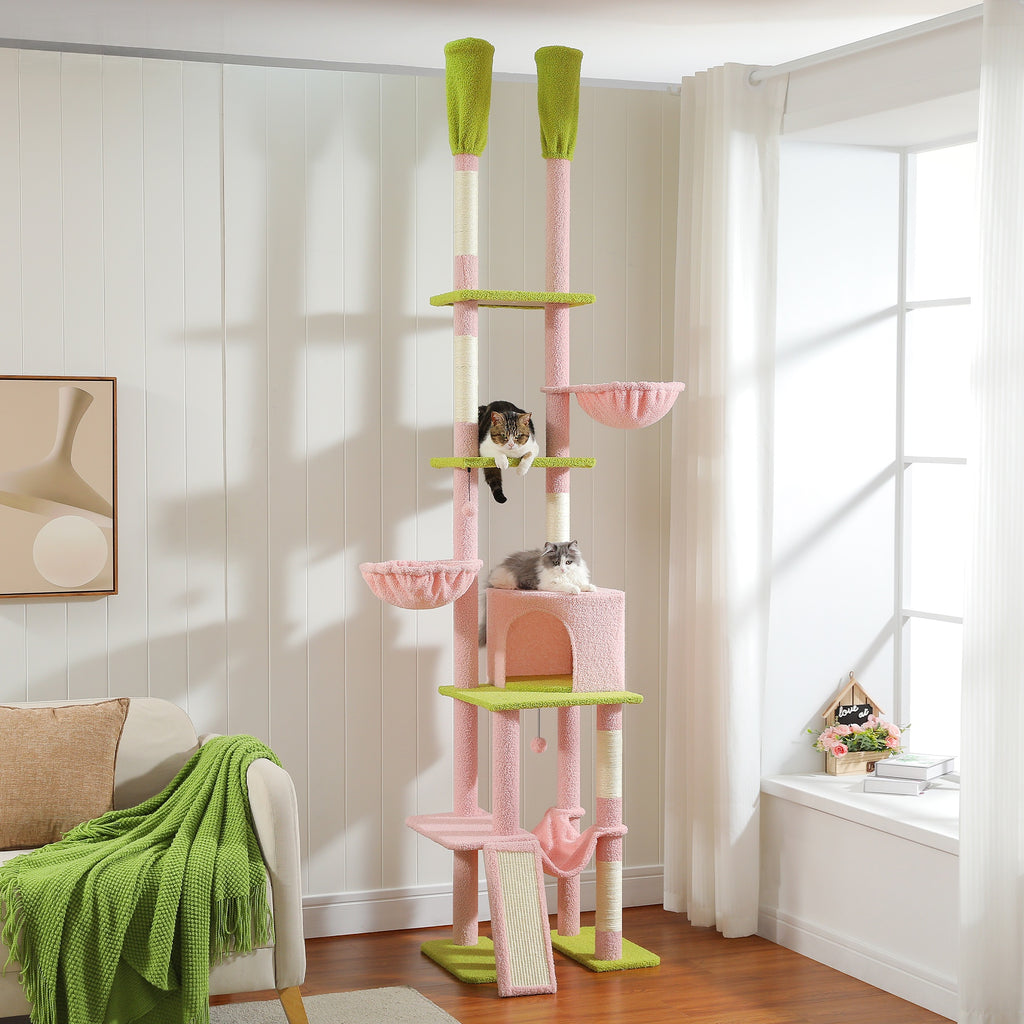 Floor-to-Ceiling Adjustable Cat Tree, 216–285 cm, with Scratching Posts, Hammocks & Cat Condo – Pink/Green