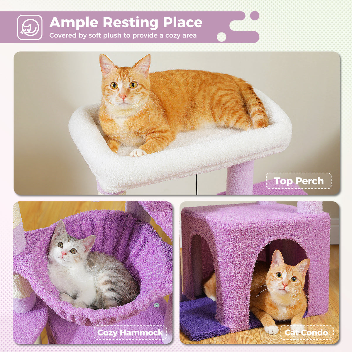 92 cm Cat Tree with Condo, Hammock, Top Perch & Sisal Scratching Ramp – Lilac Purple