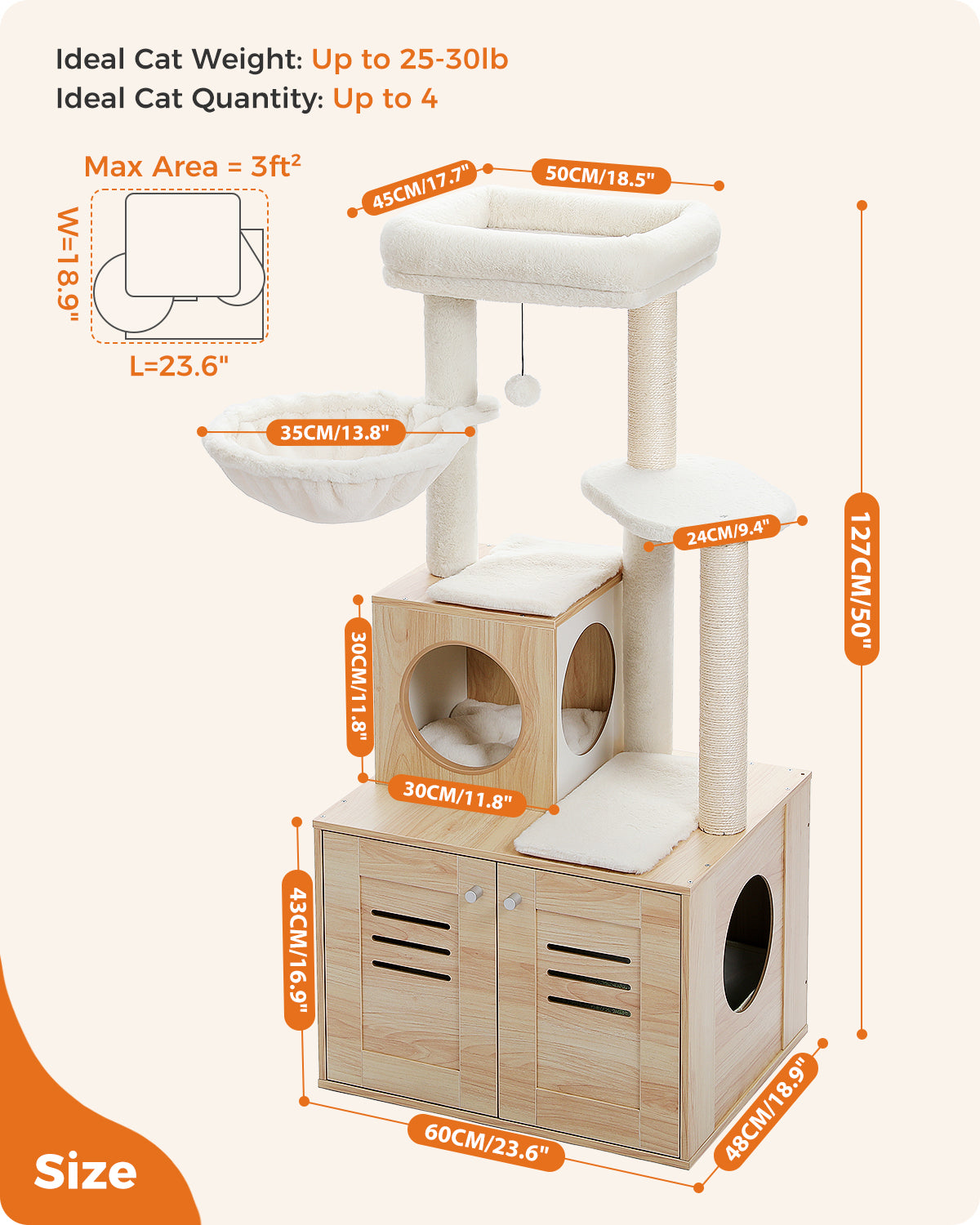 Multi-Level Cat Tree with Hidden Litter Tray, Scratching Posts & Hammock – 121 cm