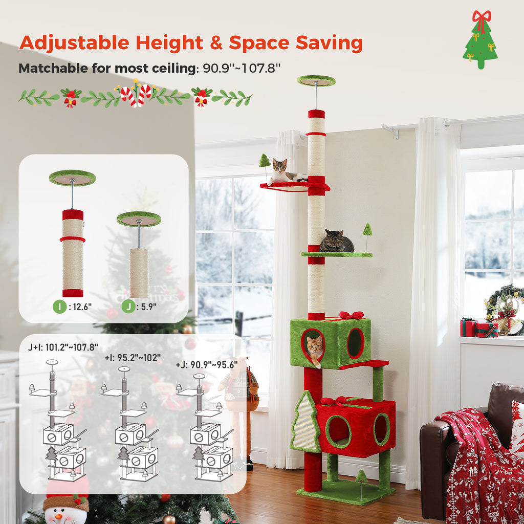 Adjustable Christmas Floor-to-Ceiling Cat Tree with 2 Condos, Sisal Posts & Platforms – 231–274 cm / 90.9–107.8 in