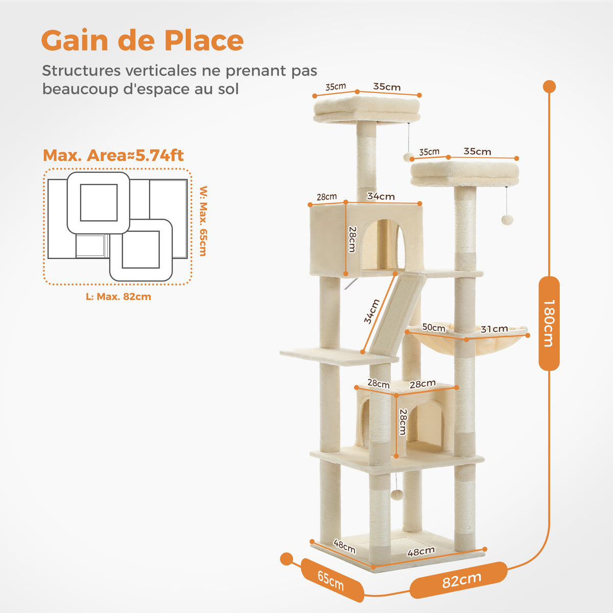 180 cm Large Green Cat Tree for Multi-Cat Homes, 2 Condos, Hammock, 2 Padded Perches, Sisal Scratching Posts & Ramp