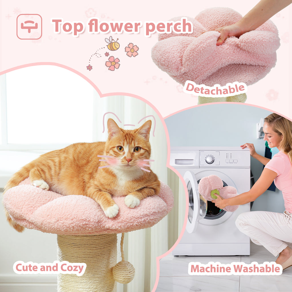 Pink Flower Cat Scratching Post with Detachable Washable Perch, 60 cm Tall Sisal Scratcher & Two Interactive Toys