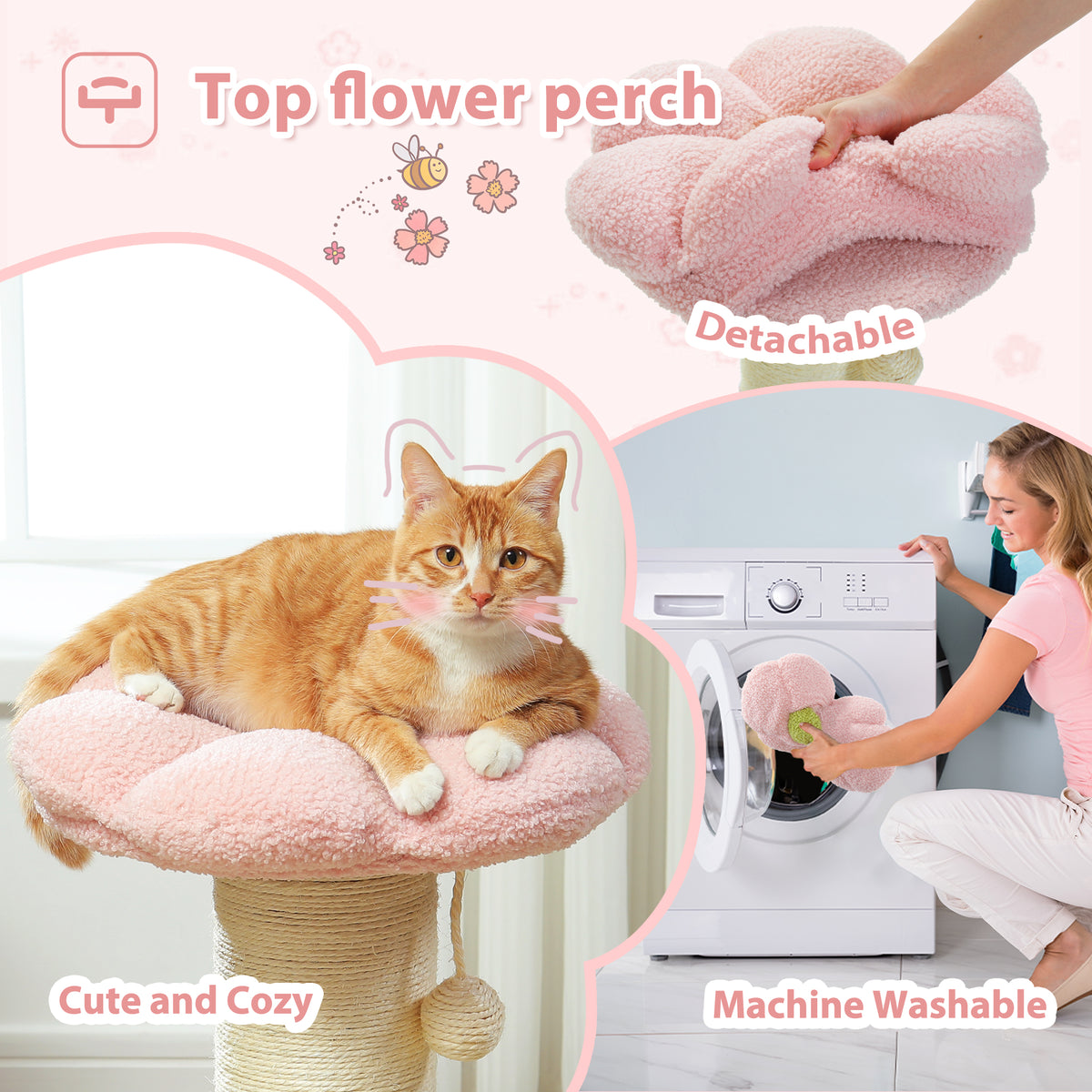 Pink Flower Cat Scratching Post with Detachable Washable Perch, 60 cm Tall Sisal Scratcher & Two Interactive Toys