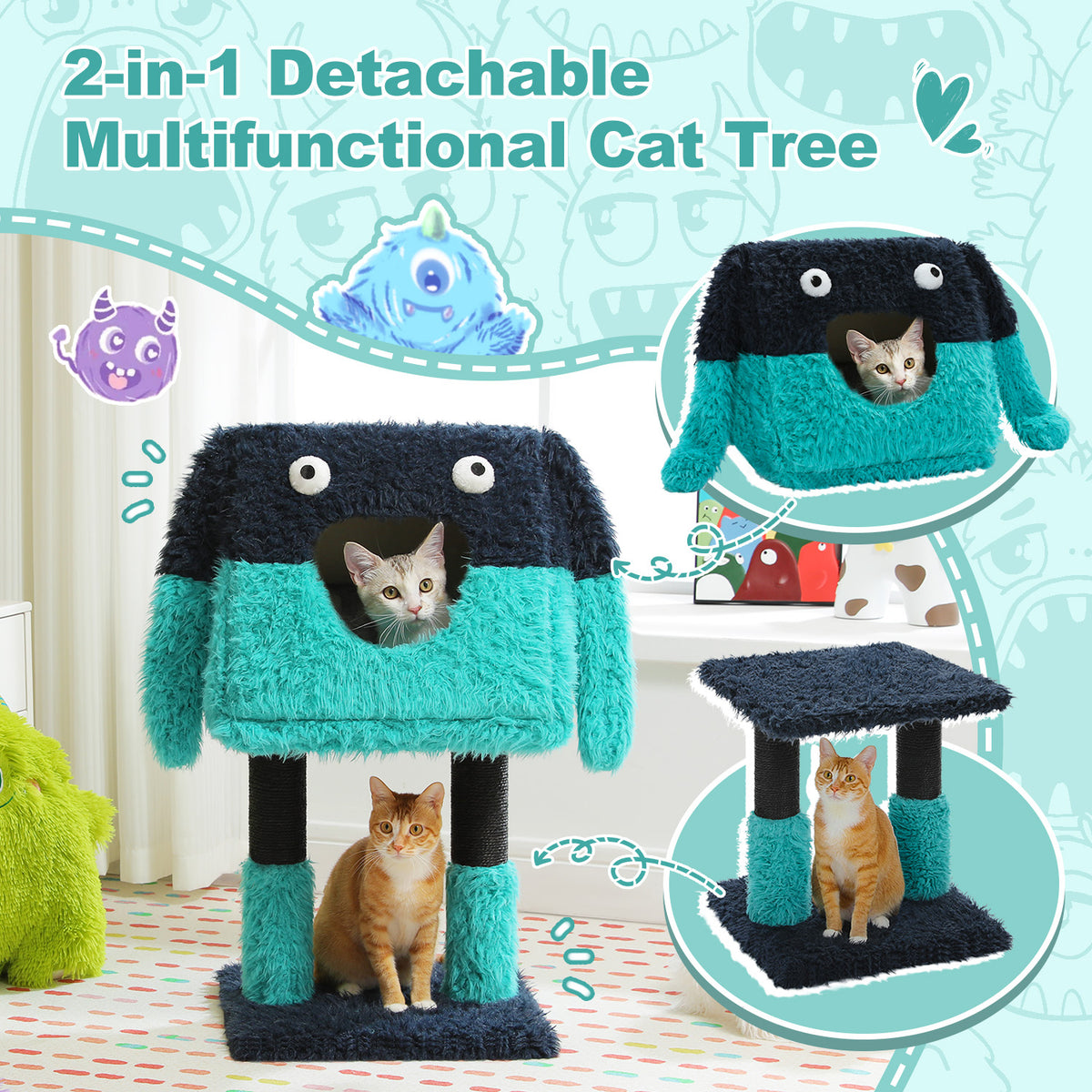 2-in-1 Detachable Monster Cat Tree with Cosy Condo & Sisal Scratching Posts – Teal Blue, 75 cm